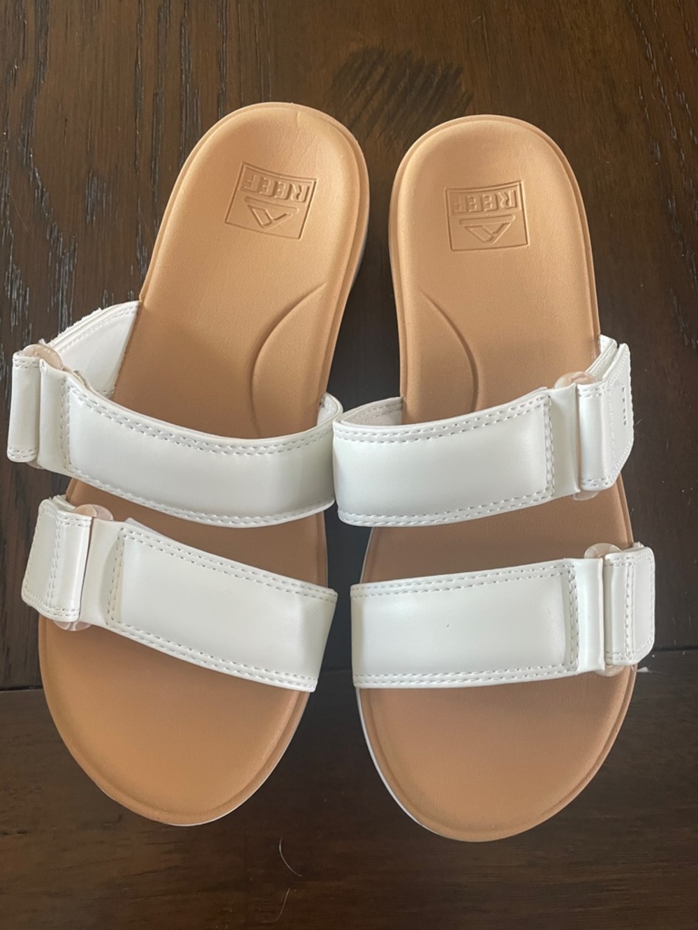 Reef Women’s White Double-Strap Slide Sandals with Tan Footbed